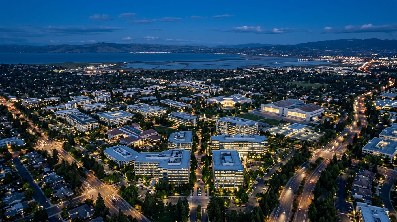 An aerial view of a Silicon Valley campus at blue hour with lit office buildings and the bay beyond