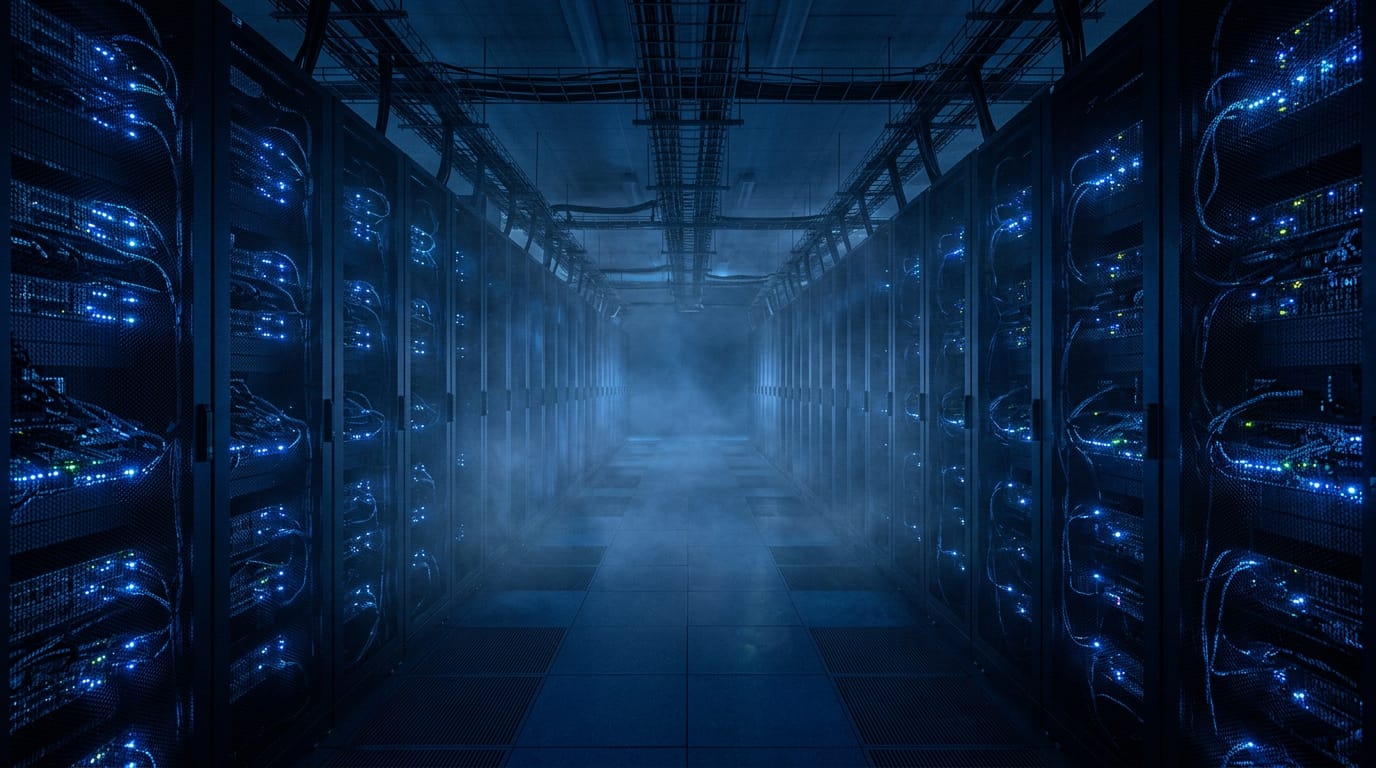 A dark server hall with rows of racks glowing blue, a corridor of cool light running through the centre