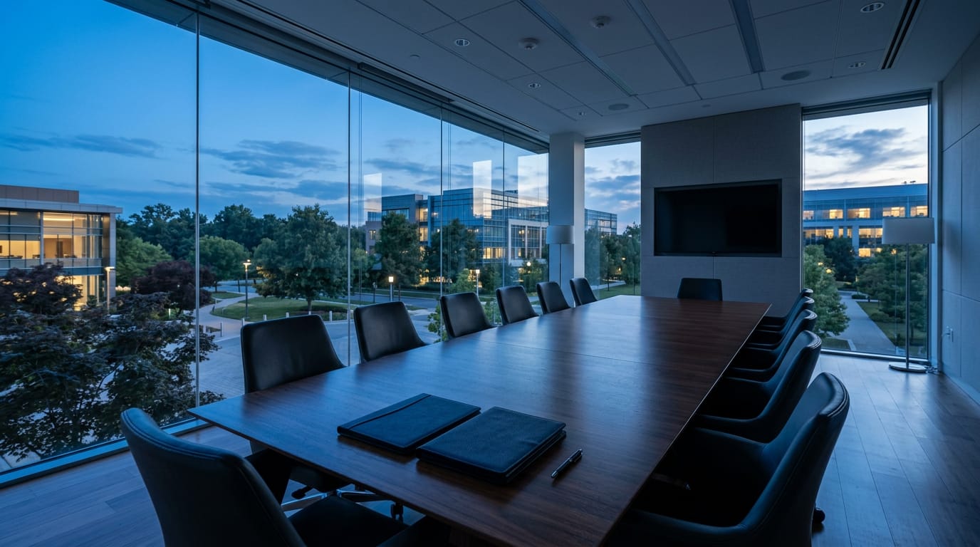 An empty modern boardroom at dusk with a long walnut table, leather chairs and two closed leather folders, a campus of glass office buildings through floor-to-ceiling windows