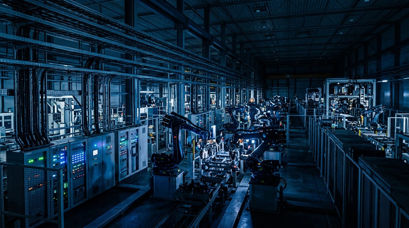 A large modern manufacturing floor at night with robotic arms and control cabinets glowing with small blue and green lights, no people, no readable text