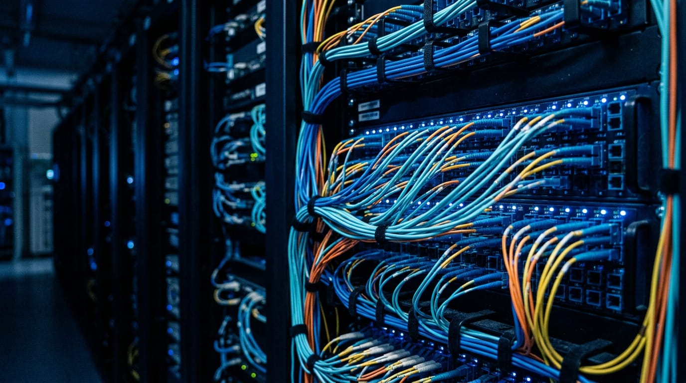 Close-up of a dense network rack with bundled blue and orange fibre optic cables and small glowing port lights in a dark data room