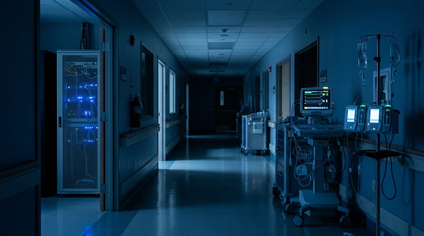 A quiet hospital corridor at night in blue light, a network cabinet with glowing indicator lights beside medical monitors and an infusion stand, no people, no readable text