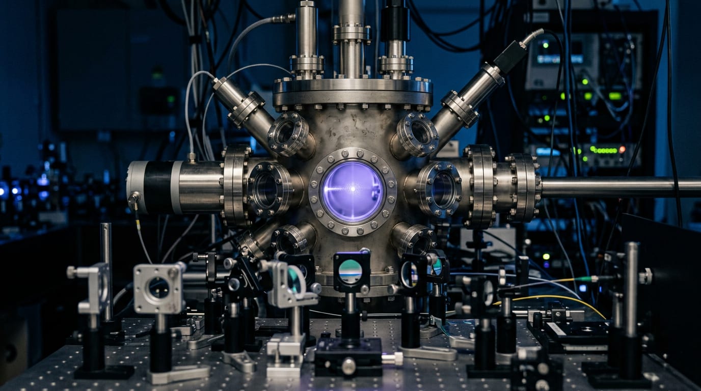 A quantum computing laboratory at night with an optical table full of lenses and lasers glowing blue beside server racks