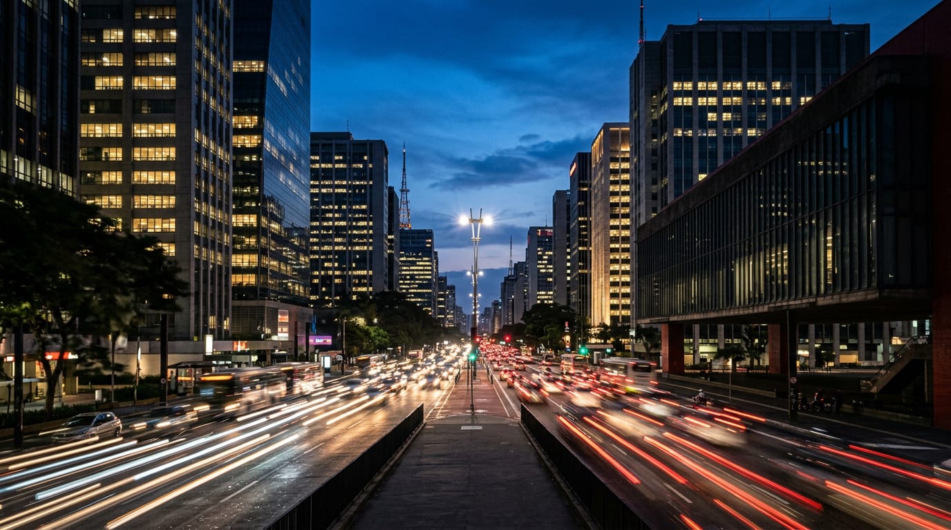 The São Paulo business district at dusk with glass towers lit in blue