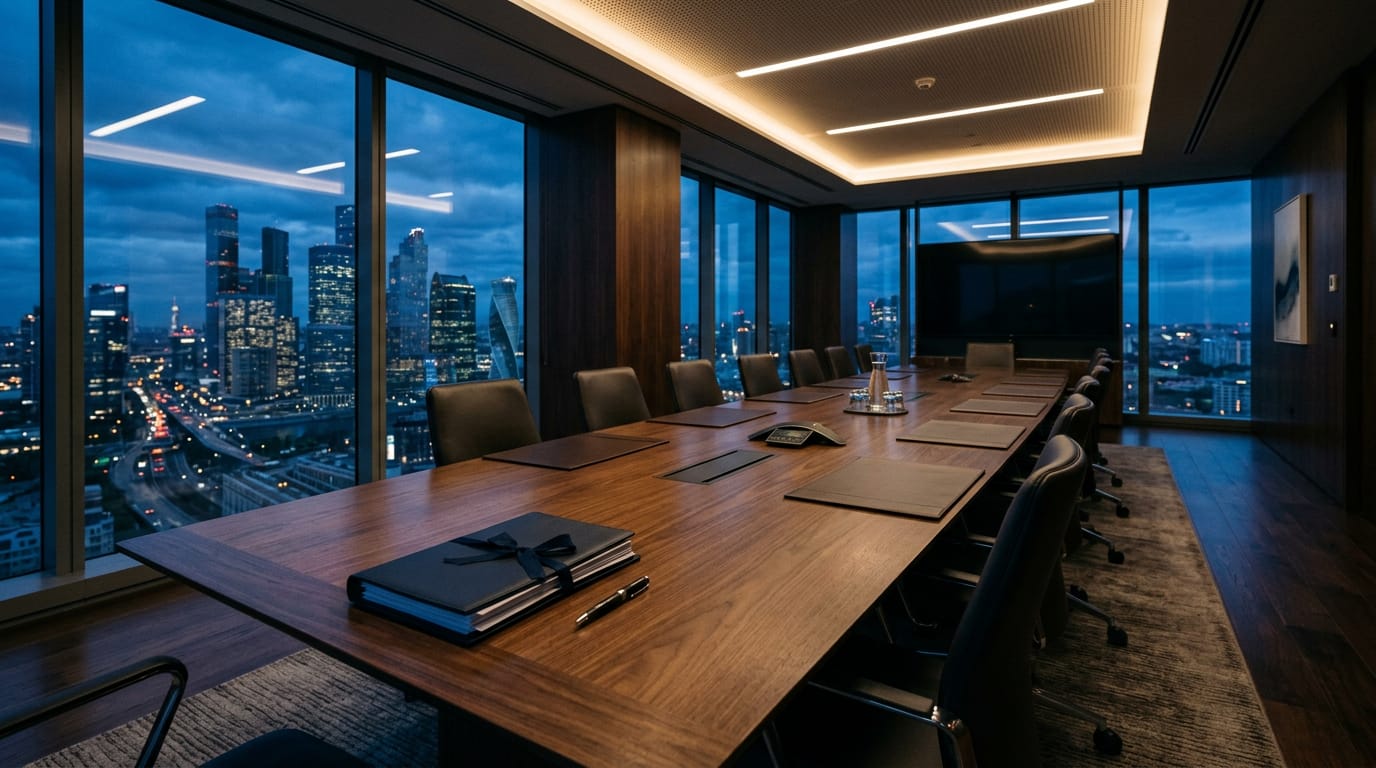 A boardroom table with signed agreement documents and a view over the São Paulo skyline at dusk