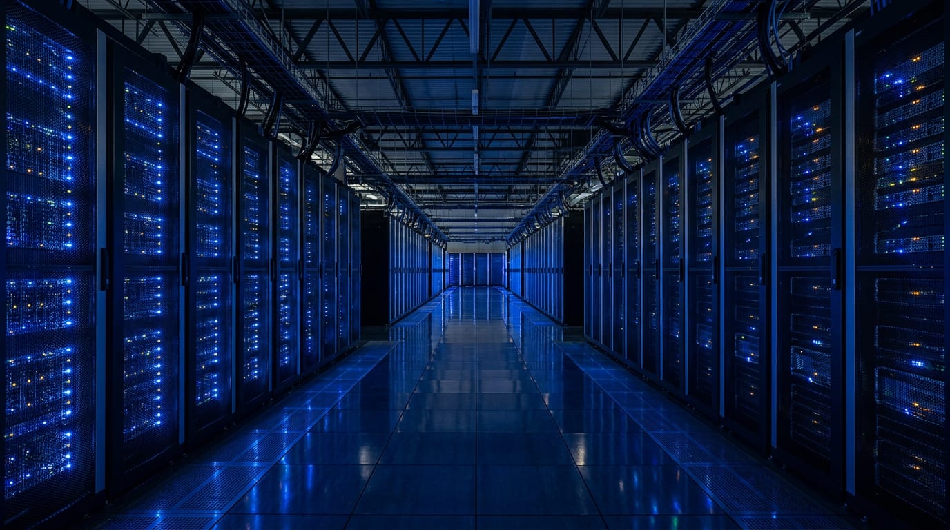 A long data centre aisle with glowing server racks in blue light