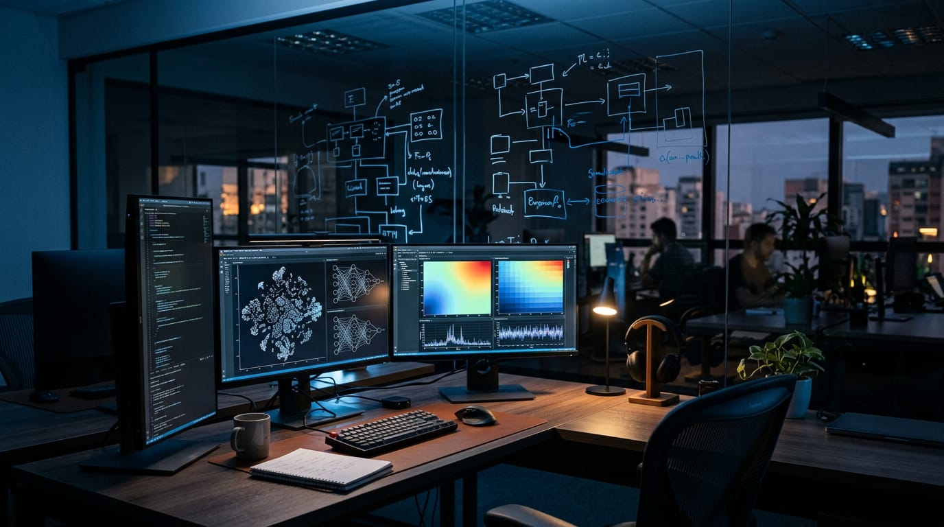 Engineers working at screens in a modern machine learning laboratory
