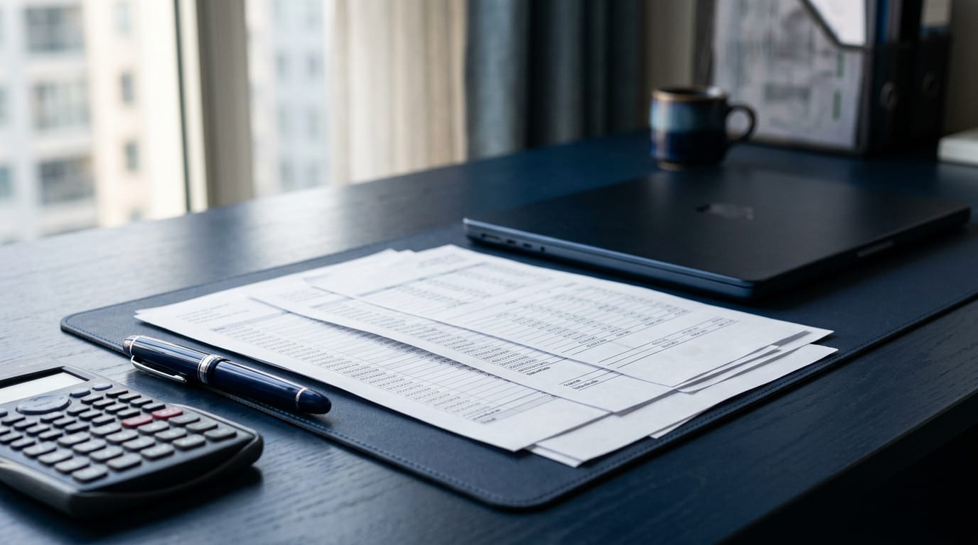 A finance desk with ledgers, a calculator and a laptop showing a payment schedule