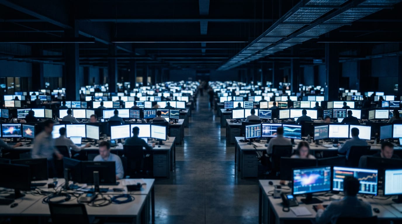 A bright data hall with rows of server racks lit in deep blue