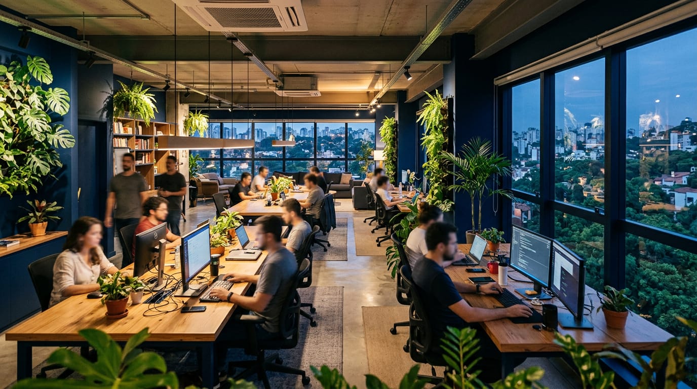 A busy startup office with engineers collaborating around shared screens
