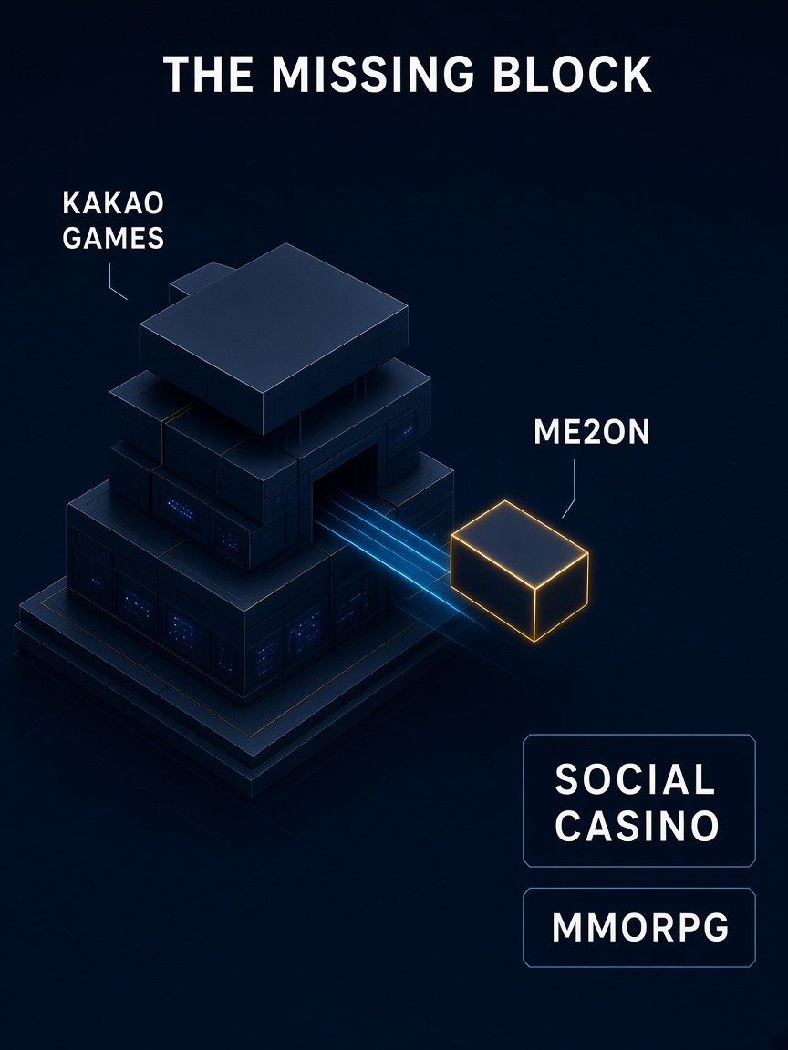 Kakao Games isometric tower with a missing slot and a ME2ON gold block sliding in as the social-casino piece