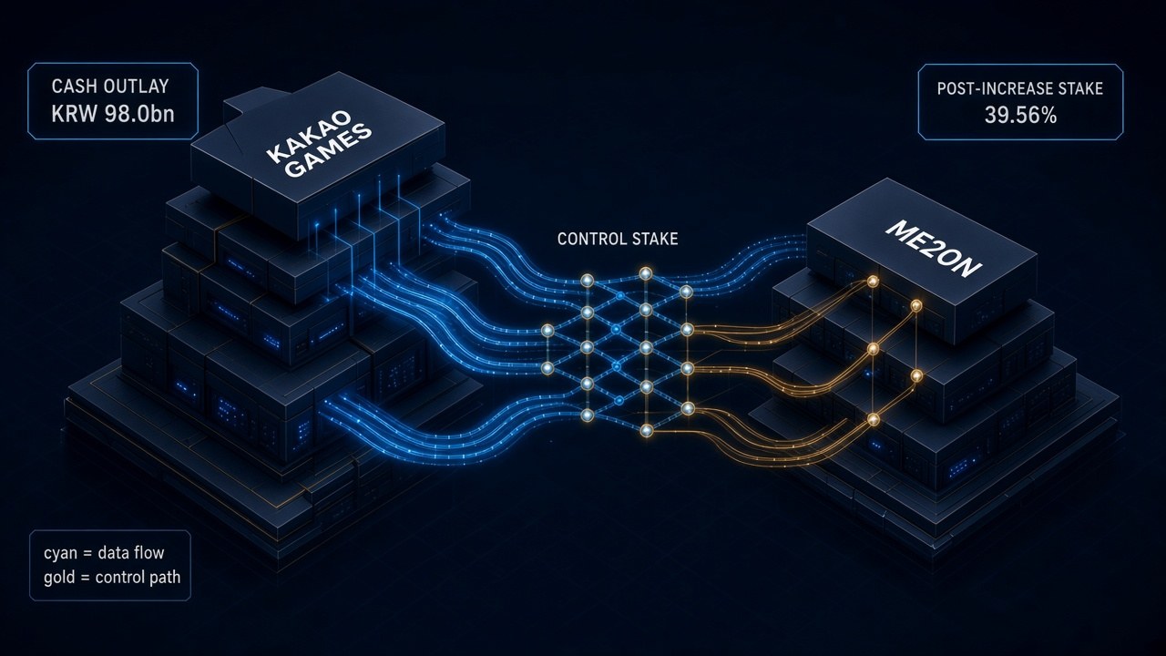 Kakao Games as a larger isometric estate taking a control path into ME2ON, the smaller block, for a ₩98.0bn cash outlay and 39.56% post-increase stake