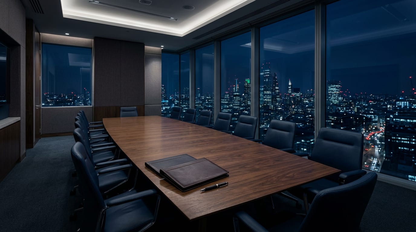 An empty modern boardroom at night with a long walnut table, leather chairs, two closed document folders and a fountain pen, city lights through tall windows