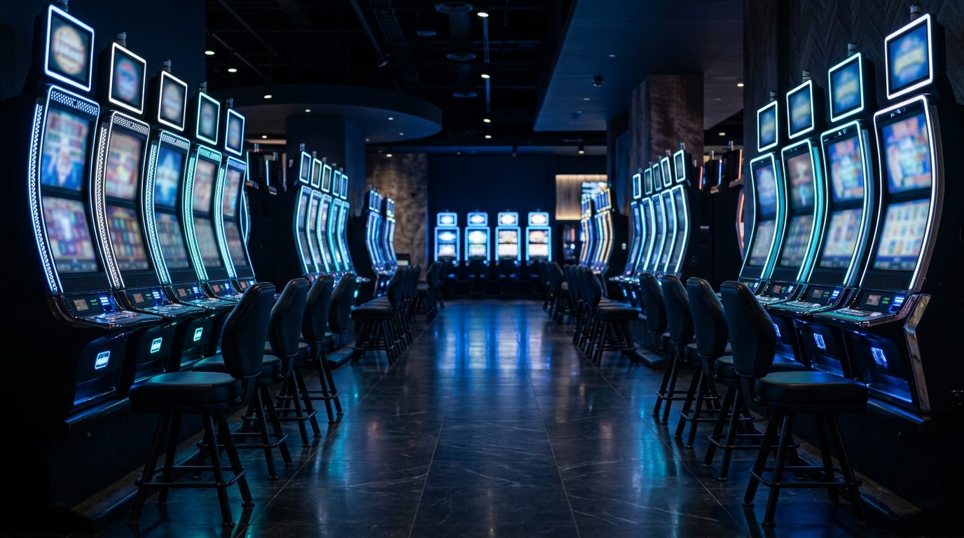 A modern gaming hall interior with rows of illuminated slot machines in soft blue and white light, empty stools, polished dark floor