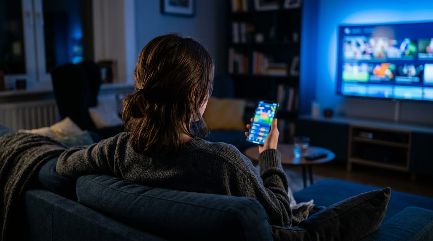 A person seen from behind on a sofa at night holding a smartphone with a blurred colourful sports betting app, living room in deep blue light, no readable text
