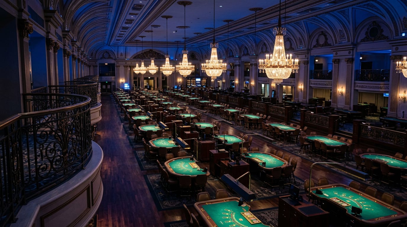 A grand casino floor at night seen from a balcony, rows of empty gaming tables with green felt under warm chandeliers, deep blue ambient light