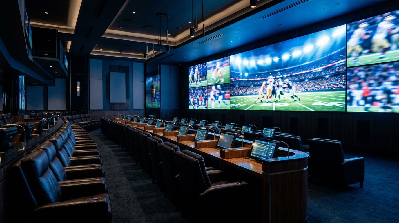 A sports bar style betting lounge at night with large wall screens showing a blurred football match, empty leather seats, blue lighting, no readable text