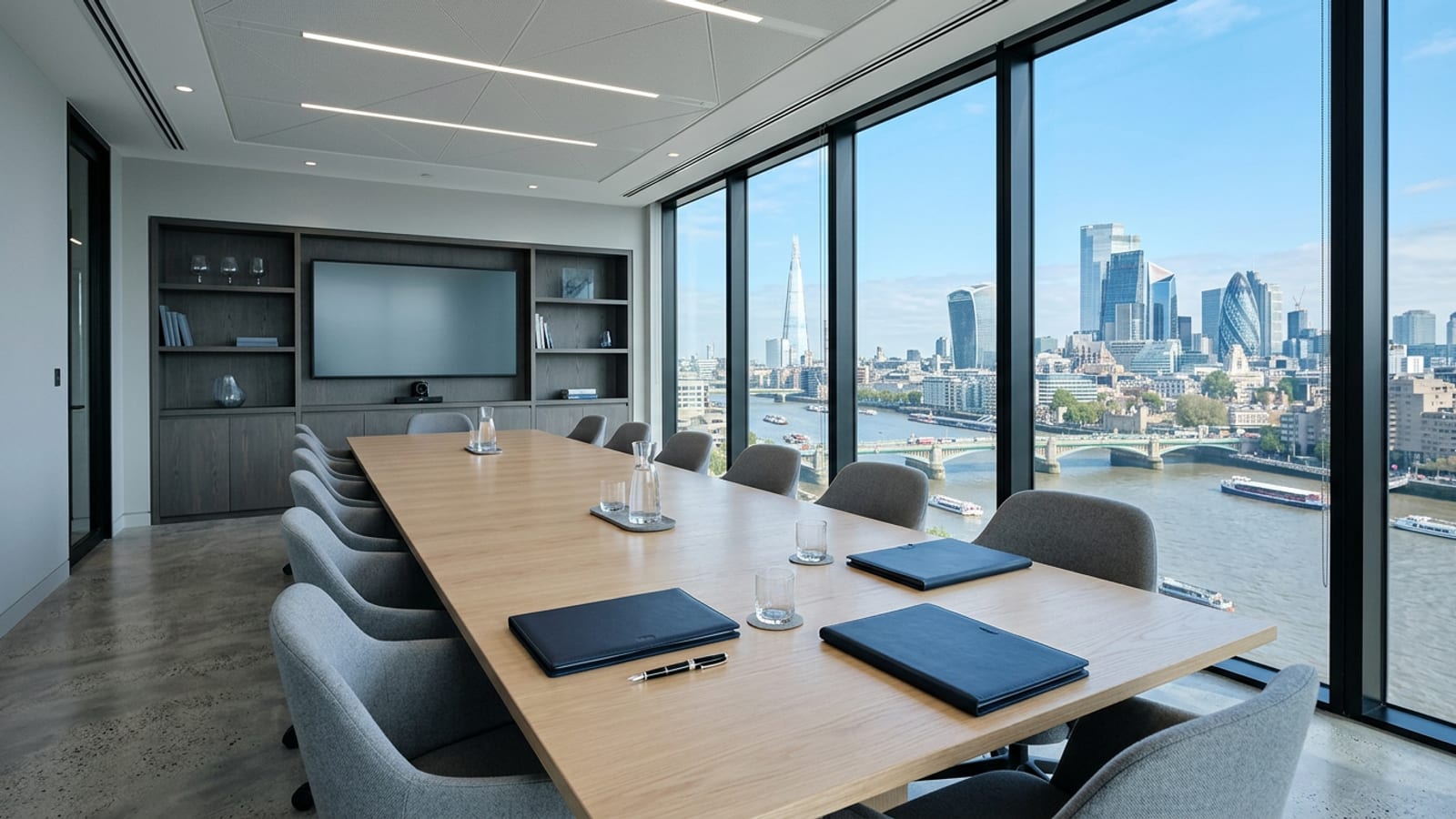An empty contemporary London boardroom with a pale oak table, grey chairs, two closed navy folders and a fountain pen, the Thames and city towers under a clear blue sky
