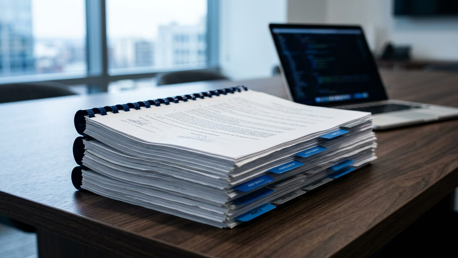A stack of bound credit agreements with blue tab dividers on a dark walnut table, a laptop softly glowing behind in cool window light