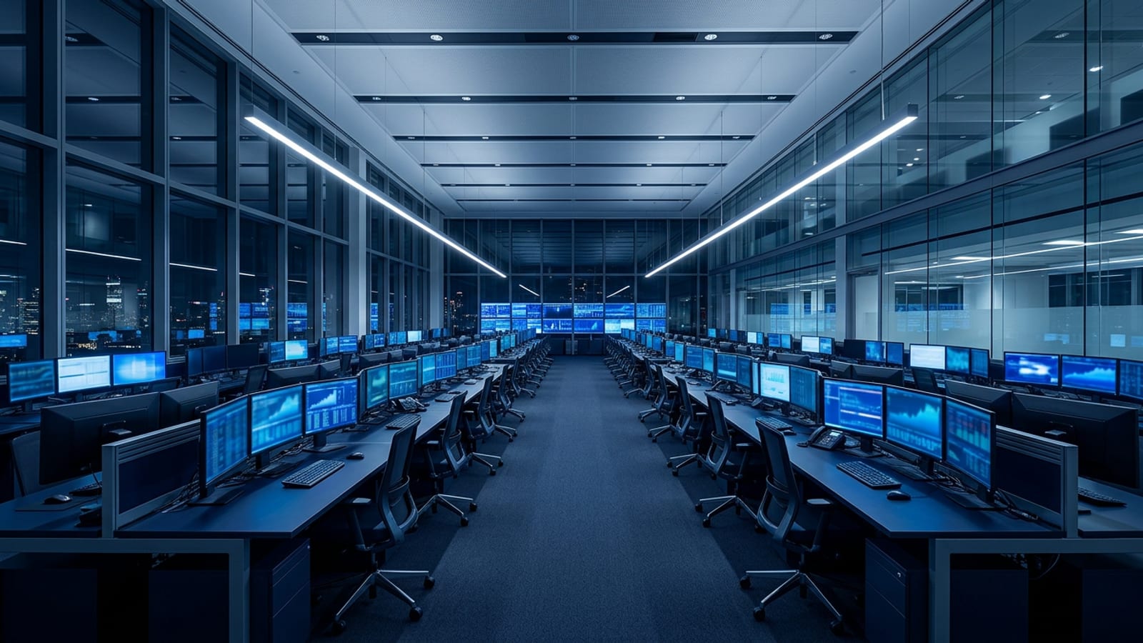 An empty modern fixed income trading floor at night, rows of desks with monitors glowing with blurred blue charts, glass walls and cool lighting