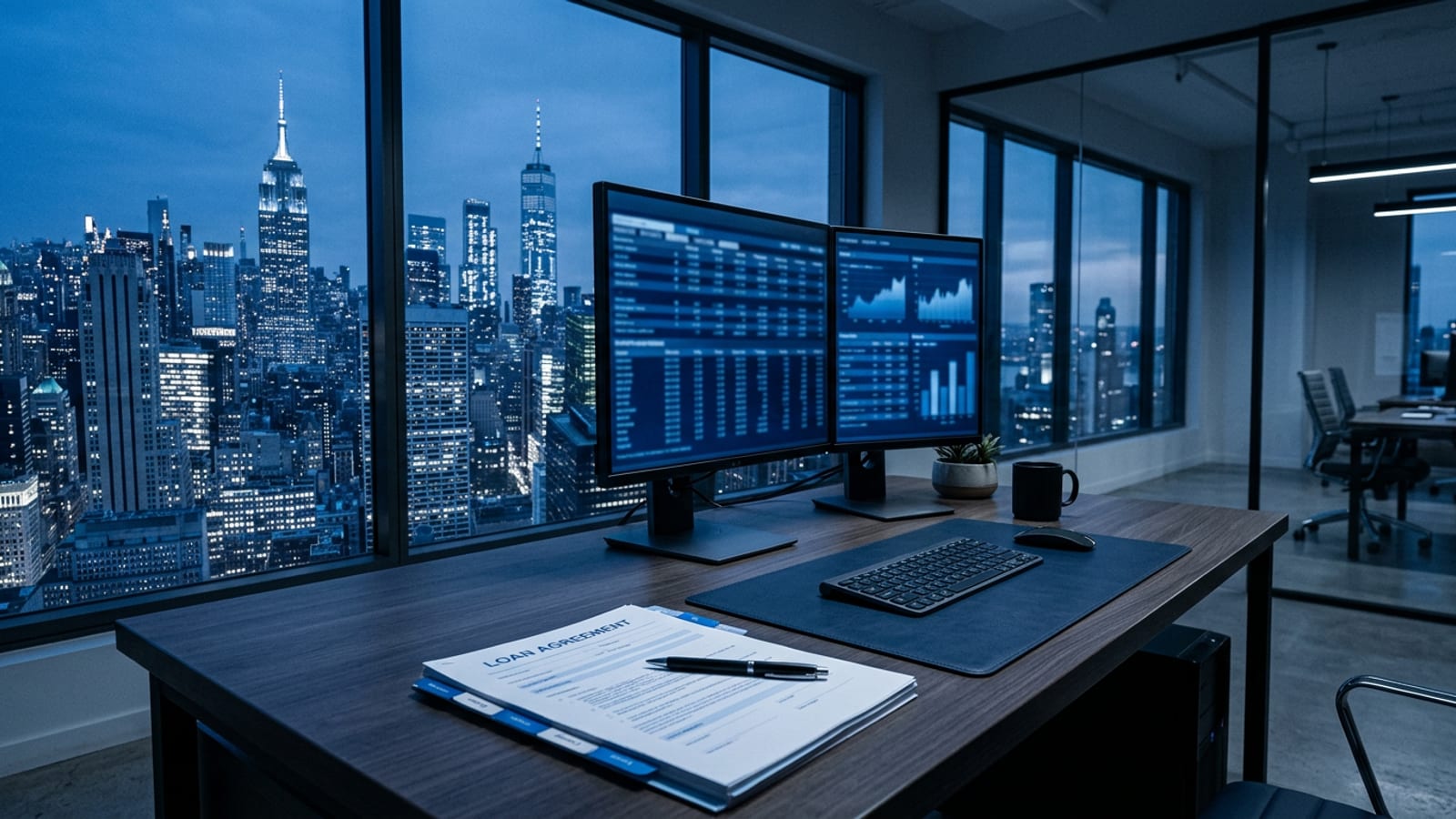 A modern credit research desk at dusk with two monitors showing blurred blue bond tables, a tabbed loan agreement and a pen, Manhattan towers through tall windows