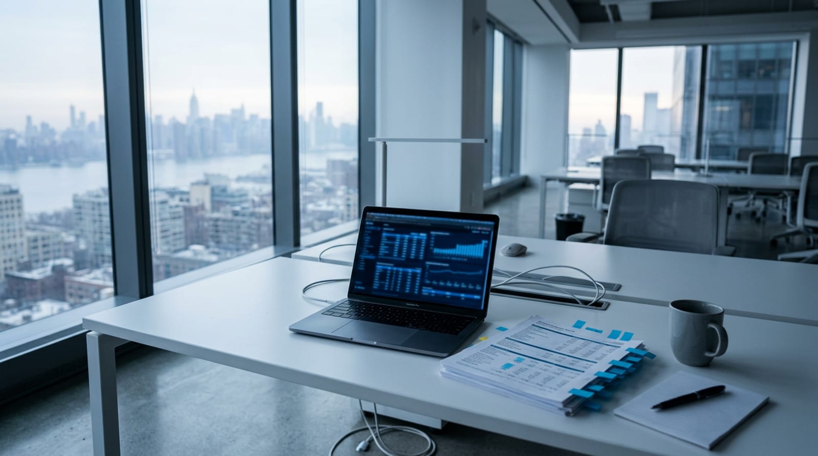 An empty modern credit research office in morning light, a laptop with blurred blue data tables beside tabbed loan documents and a coffee cup, city windows behind