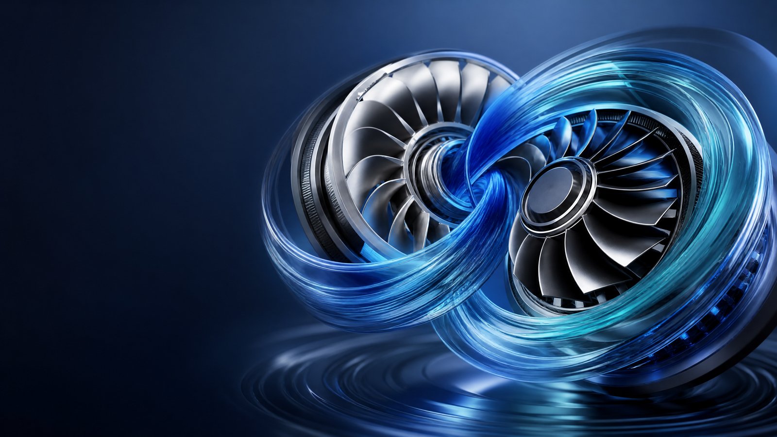 Abstract editorial visual of engineered airflow converging into a single industrial platform.