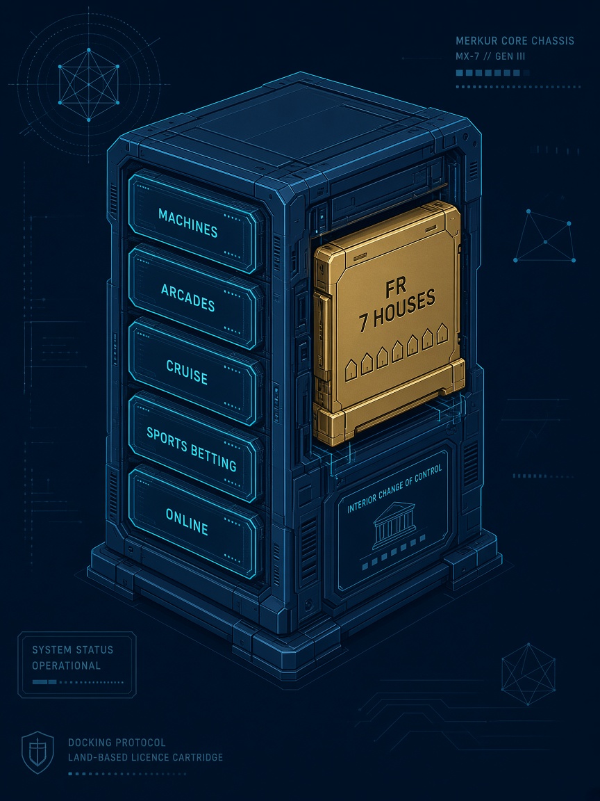 Merkur operator chassis of machines, arcades, cruise casinos, sports betting and online gaming with a gold French land-based casino cartridge labelled seven licensed houses