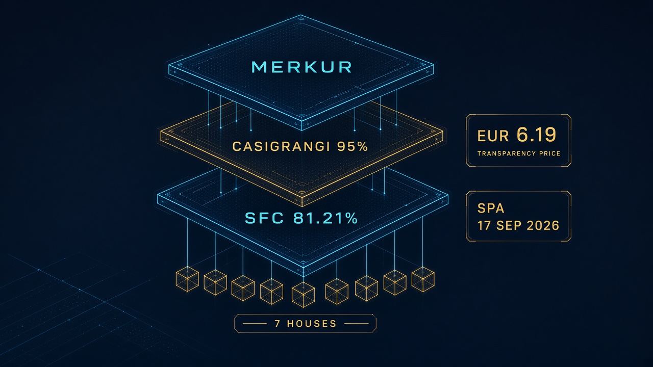 Merkur control waterfall into 95 percent of Casigrangi then 81.21 percent of Société Française de Casinos at a €6.19 transparency price signed 17 September 2026