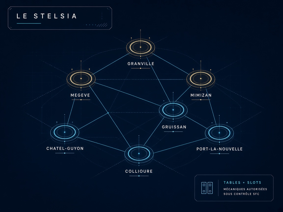 Seven-node lattice of Le Stelsia casinos, gold Casigrangi houses at Granville Megève and Mimizan, cyan SFC houses at Châtel-Guyon Collioure Gruissan and Port-la-Nouvelle