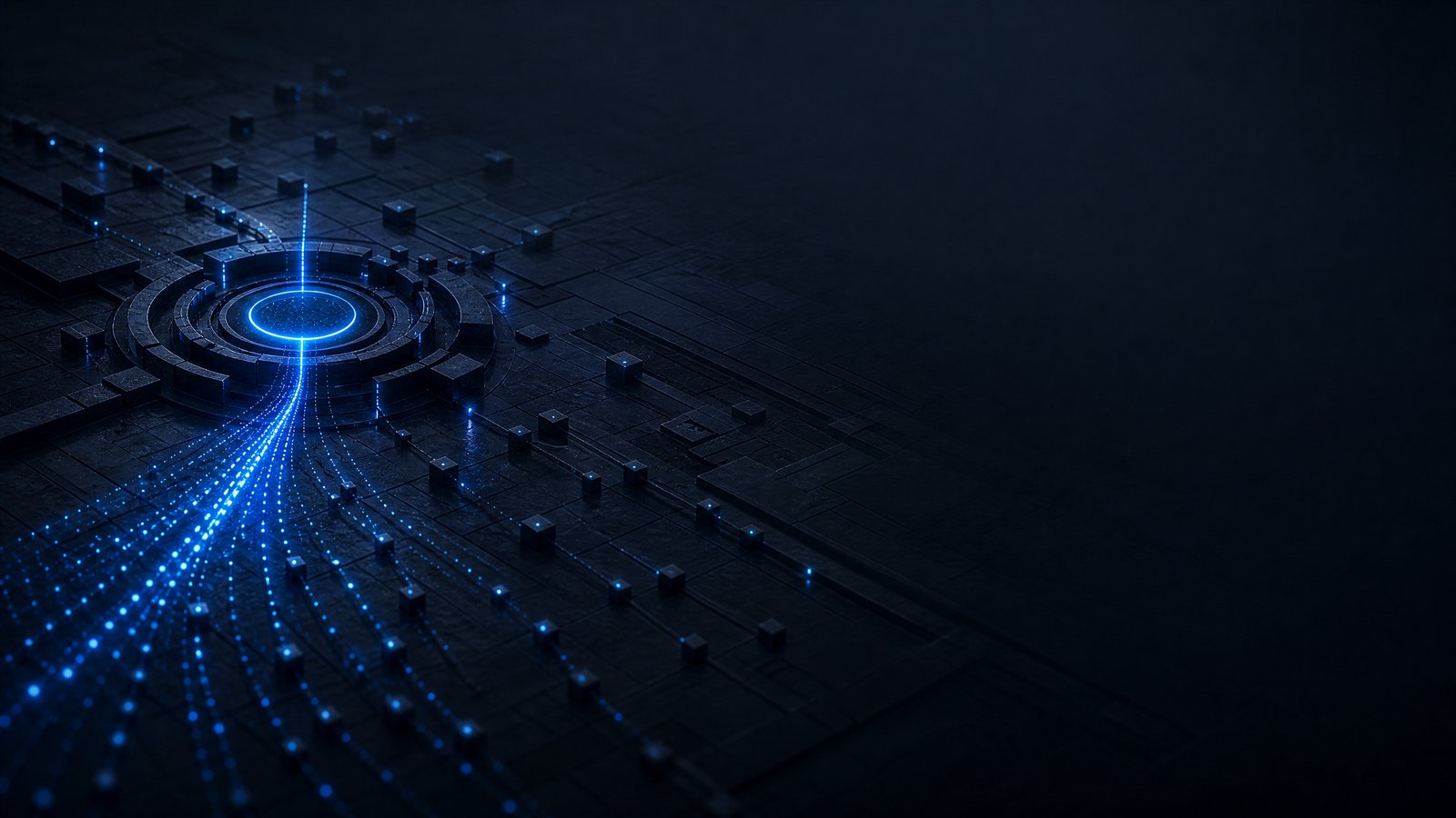 Abstract editorial illustration of secure nodes converging on a protected control point