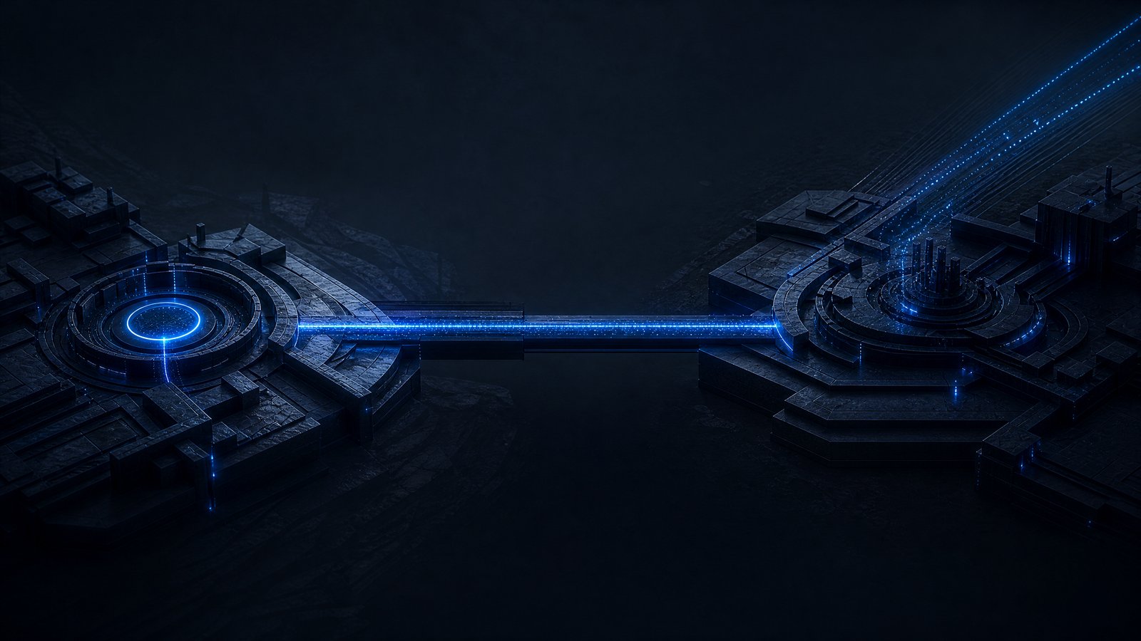 Abstract editorial illustration of two systems joined by a precise illuminated connection