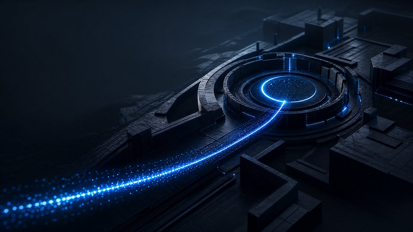 Abstract editorial illustration of a protected airspace control corridor