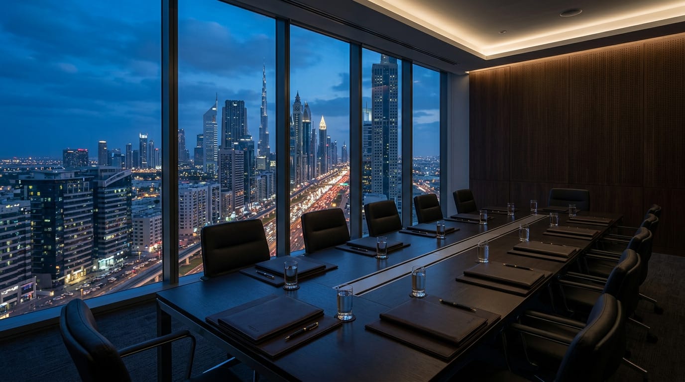 An empty boardroom high in a Dubai tower at blue hour, with a long dark table, closed folders and city lights through floor-to-ceiling windows