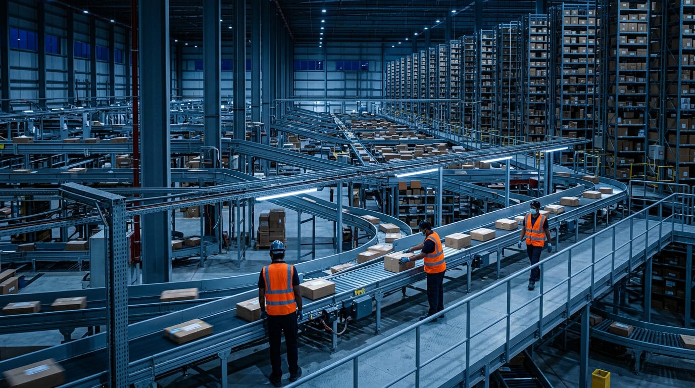 Parcels move along conveyor belts between tall racks in a large e-commerce fulfilment centre at night, with workers in hi-vis vests