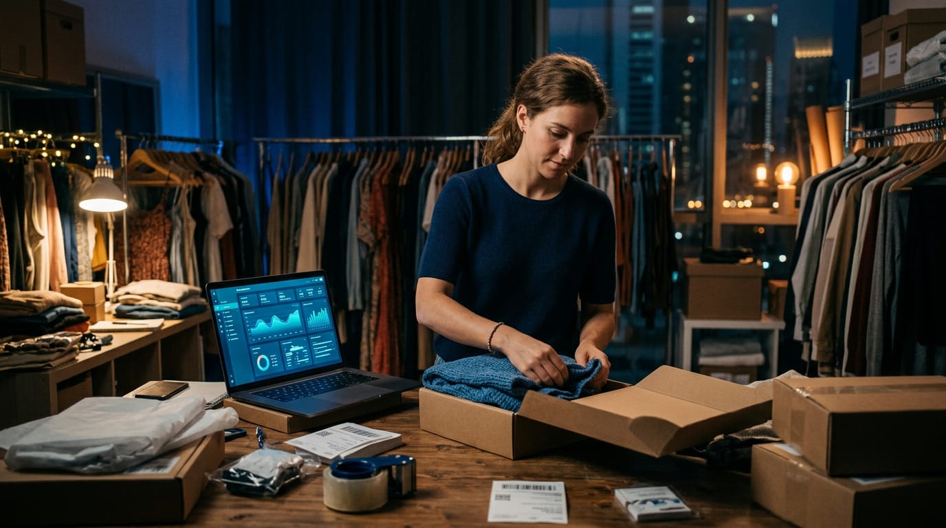 An online fashion seller packs an order into a box at her studio workbench, a laptop open beside her showing a sales dashboard