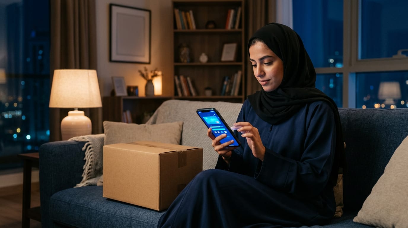 A young woman in an abaya sits on a sofa at home in the evening completing a checkout on her smartphone beside a plain delivery parcel