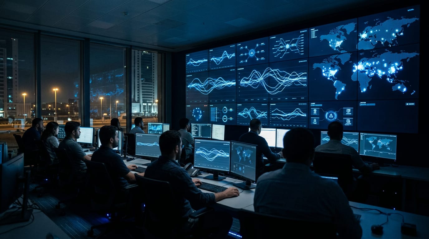Analysts work at desks facing a wall of dark screens showing blue transaction flows and a world map in a payments operations room at night