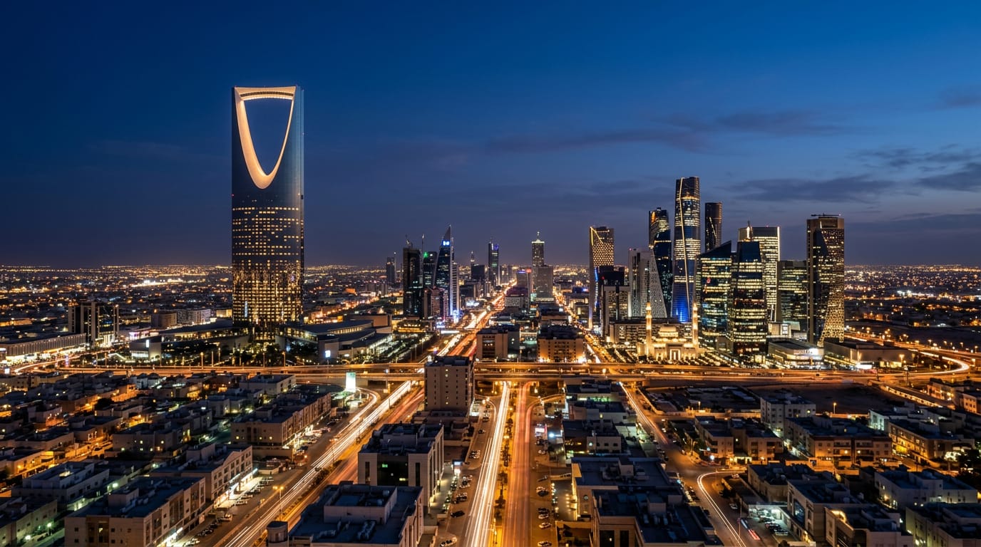 The Riyadh skyline at blue hour with the Kingdom Centre tower and the King Abdullah Financial District lit under a deep navy sky