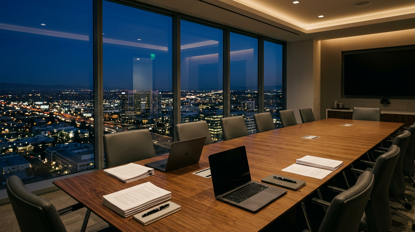 A Silicon Valley boardroom at dusk with merger documents and fountain pens on a walnut table, city lights beyond the windows.
