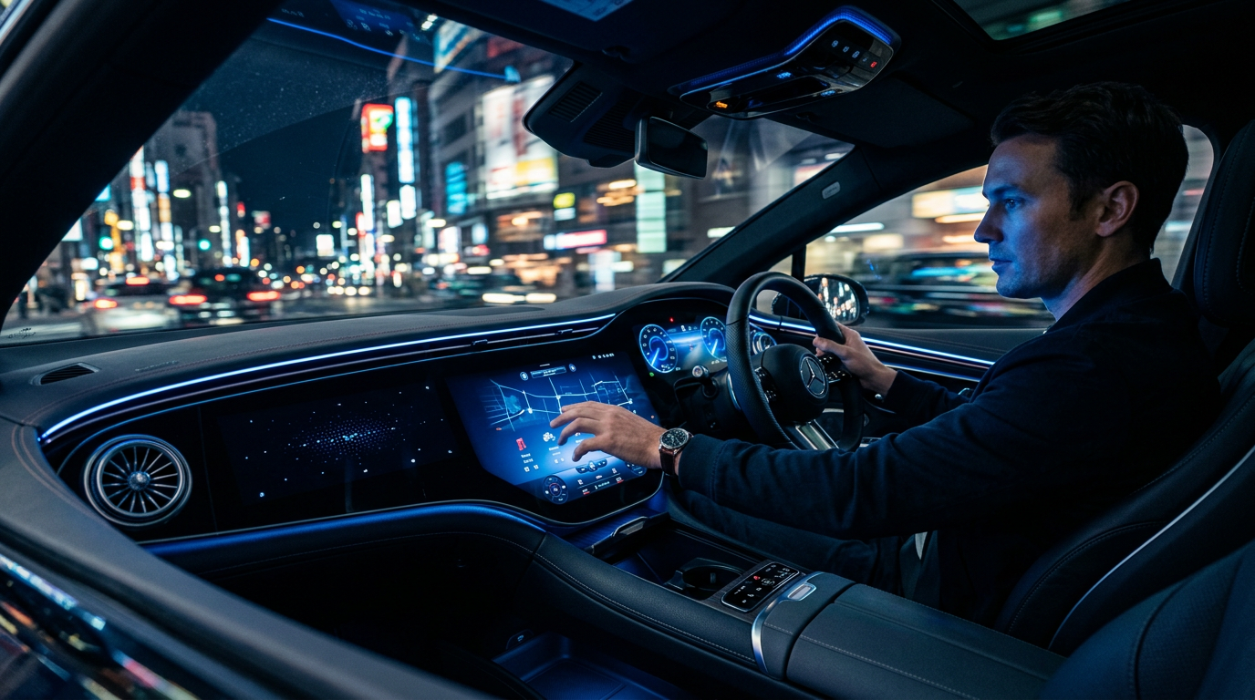 A driver reaches for a wide, curved touchscreen dashboard glowing blue inside an electric car at night.