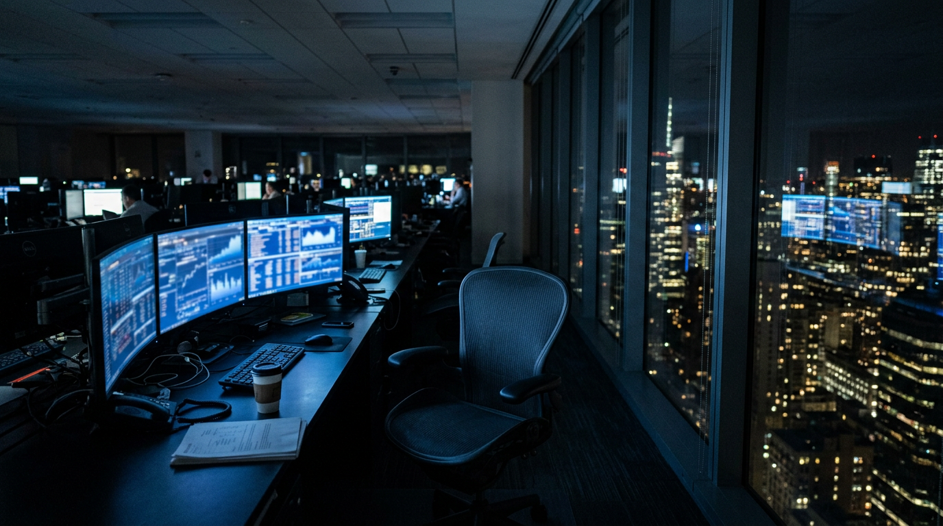 A late-night trading desk with curved monitors glowing with blurred blue charts and city towers outside.