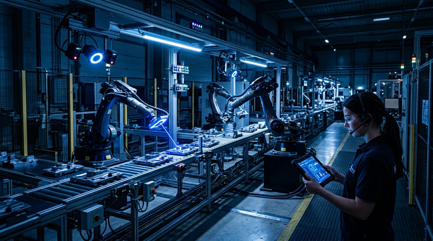 Industrial robots and machine vision cameras inspect parts on a conveyor while an operator watches a tablet.