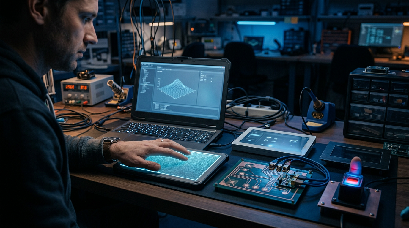 An engineer tests a glowing glass touchpad on a lab bench beside a smart home display and a fingerprint sensor module.