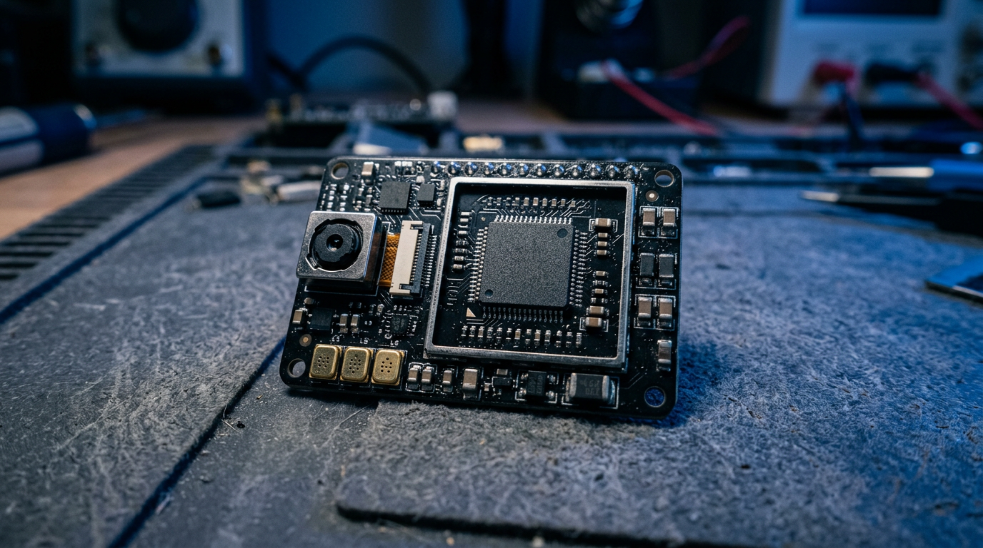 Macro view of an edge AI processor on a compact embedded board, with a camera module and microphone array beside it.