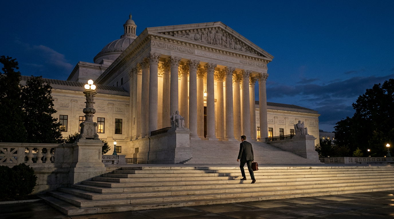 A neoclassical government building in Washington at blue hour, its stone columns softly lit, a figure with a briefcase on the steps.