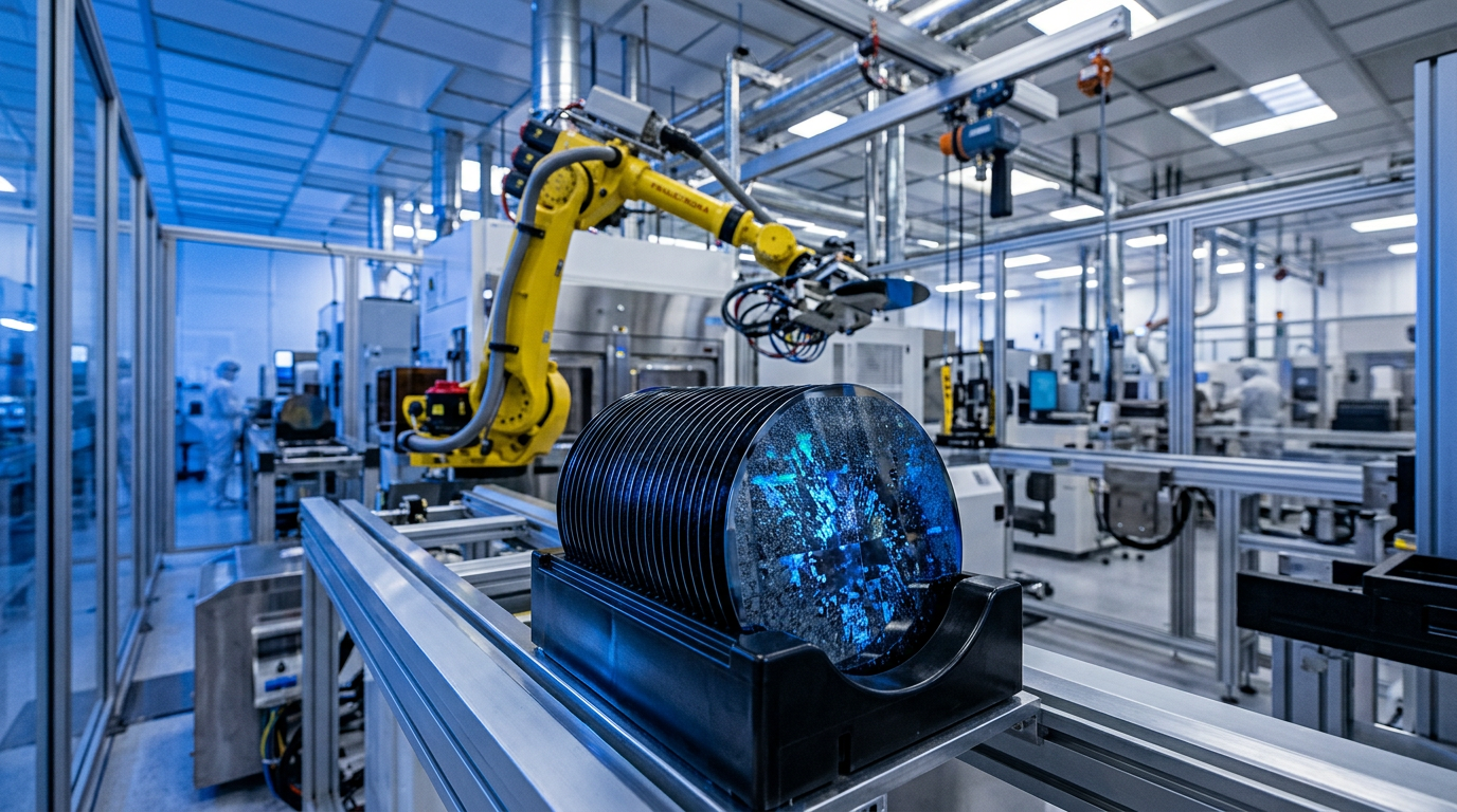 Silicon carbide wafers stacked in a cassette on a fabrication line, a robotic handler arm behind them in blue cleanroom light.