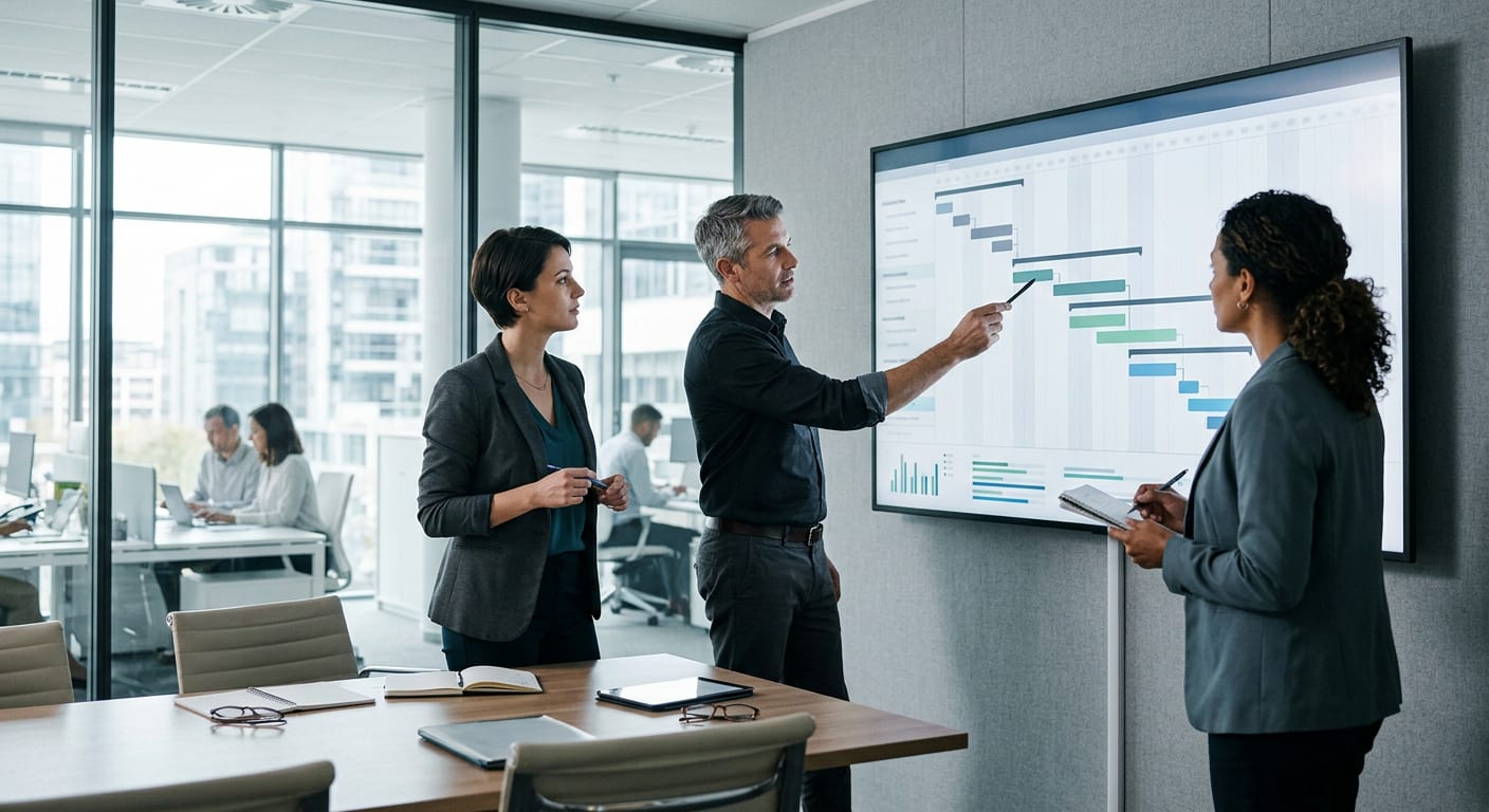 A drug program team reviews a study timeline on a wall display in a glass-walled meeting room