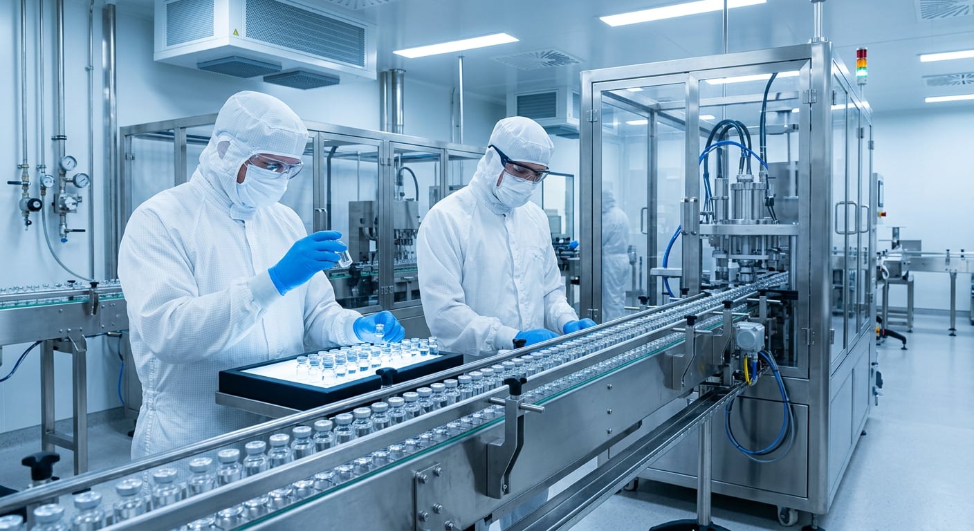 Two technicians in cleanroom suits inspect glass vials on a stainless-steel pharmaceutical filling line