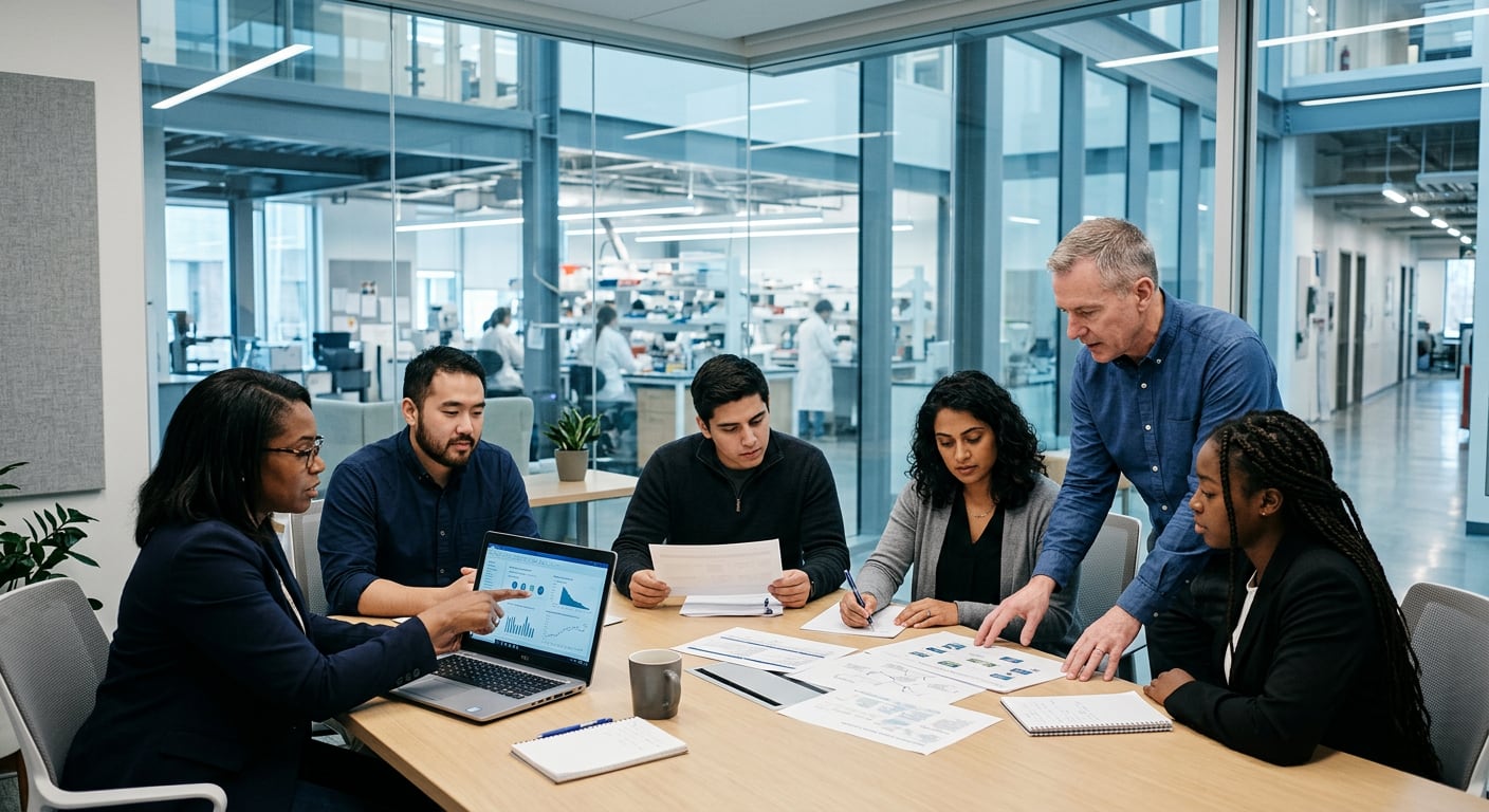 A drug program team reviews charts and printed study plans around a table beside a glass-walled laboratory